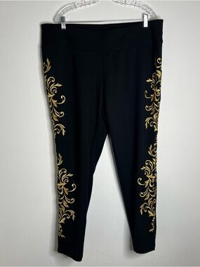 Black Pants with Gold Scroll Side Embroidery - Women's